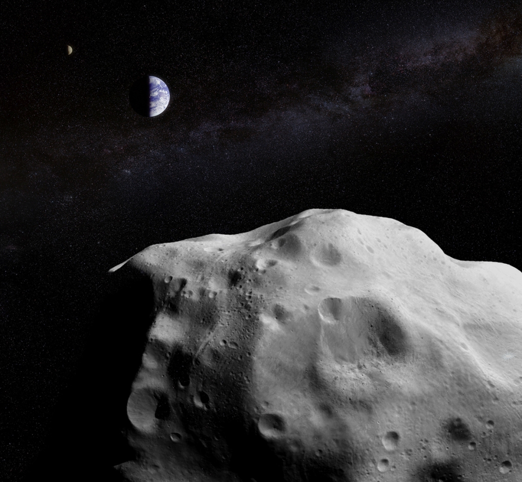 Concept image of a large asteroid passing by Earth and the Moon